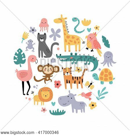 Vector Illustration Of Jungle Animals In Circle