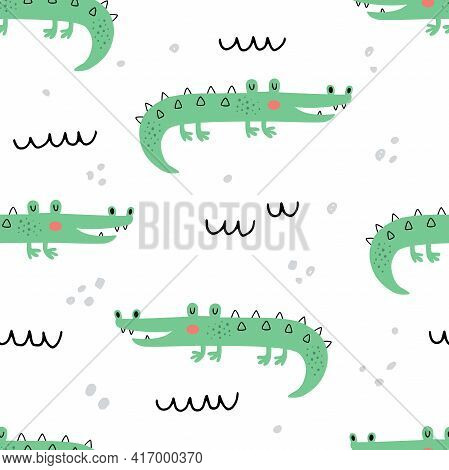 Vectror Seamless Pattern Of Cute Green Crocodiles