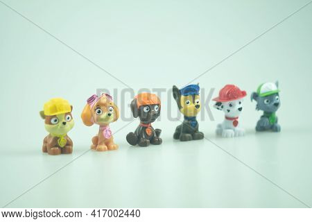 Bangkok, Thailand - April 15, 2021 : Toy Of Paw Patrol Team Standing In A Row. Heroes Of The Animate
