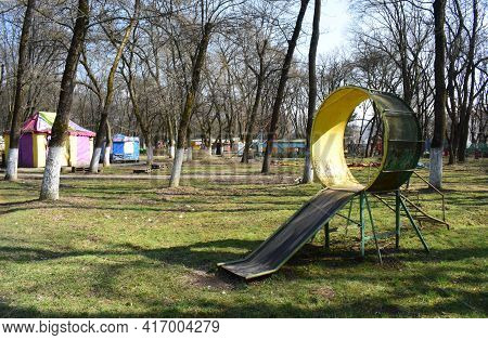 An Abandoned Climbing Frame On A Playground In Uzhgorod