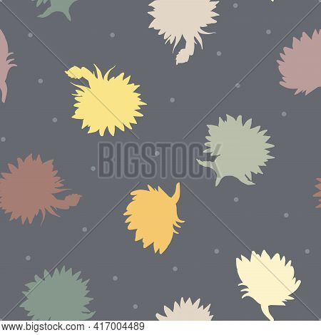 Vector Sunflower Silhouettes In Natural Toned Color Scheme With Dots Seamless Pattern Background. Pe