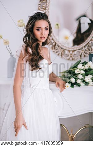 Beauty Close-up Portrait Of Bride With Luxury Make-up And Hairstyle, Studio Indoor Photo.