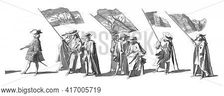 Herald followed by the bearers of banners of the navy and army. In the margin the caption in Dutch, French and English, vintage engraving.