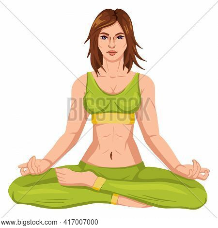 Woman Practicing Fitnes Yoga Gym Gymnastics. Banner With Illustration Of Woman Doing Yoga Or Pilates