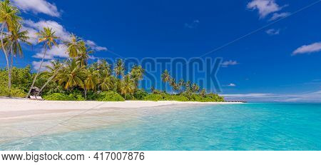Beach Nature Banner Concept. Palm Beach In Tropical Idyllic Paradise Island. Exotic Panoramic Landsc