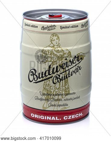 Swindon, Uk - April 15, 2021: Budweiser Budvar Keg Of Llimited Edition  Lager On A White Background