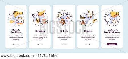 Liver Disease Types Onboarding Mobile App Page Screen With Concepts. Cholestasis, Cirrhosis Walkthro