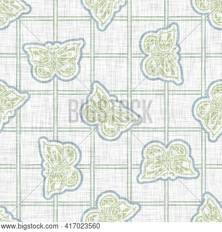 Seamless Linen Butterfly Blockprint Pattern Background. Calm Pale Tonal Pastel Color Wallpaper. Simp
