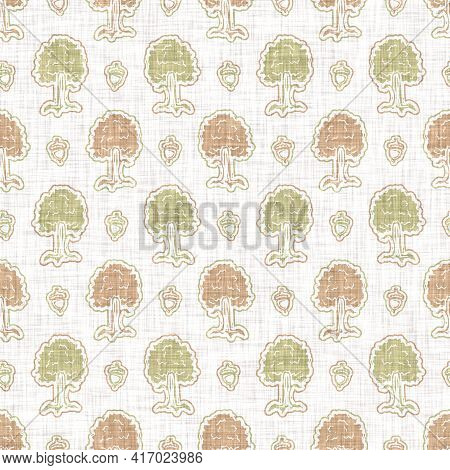 Seamless Linen Tree Blockprint Pattern Background. Calm Pale Tonal Pastel Color Wallpaper. Simple Mo