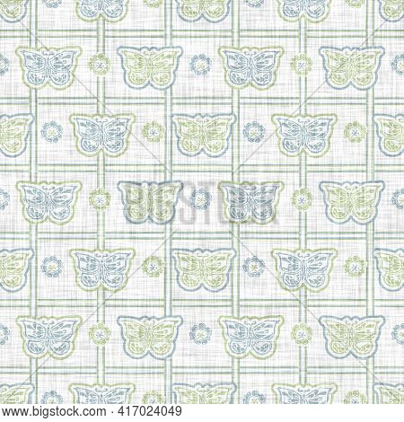 Seamless Linen Butterfly Blockprint Pattern Background. Calm Pale Tonal Pastel Color Wallpaper. Simp