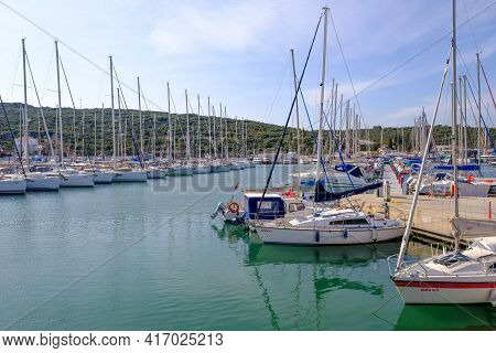 Seferihisar, Izmir, Turkey - 03.08.2021: Seascape And Landscape Of Teos Marina And A Lot Of Sailboat