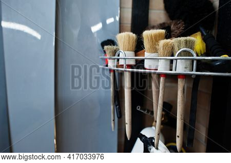 Brushes For Car Cleaning In Deatailing Garage.