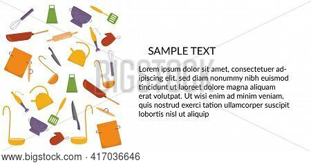 Banner With Kitchen Tools, Kitchenware Set. Vector Stock Illustration Isolated On White Background F