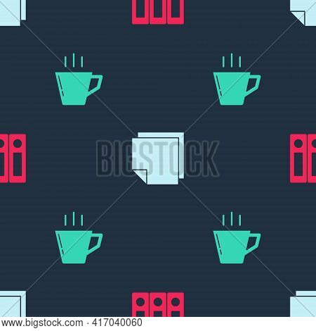 Set Office Folders, Post Note Stickers And Coffee Cup On Seamless Pattern. Vector