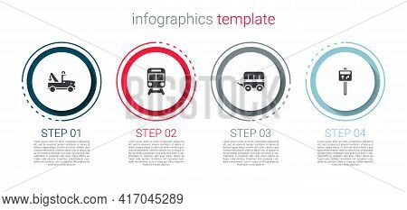 Set Tow Truck, Train And Railway, Wild West Covered Wagon And Road Traffic Signpost. Business Infogr