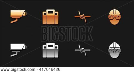 Set Security Camera, Police Assault Shield, Barbed Wire And Special Forces Soldier Icon. Vector