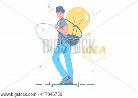 Guy Carry Smart Idea Behind Vector Illustration. Big Light Bulb As Symbol Of Creative Idea Generatio