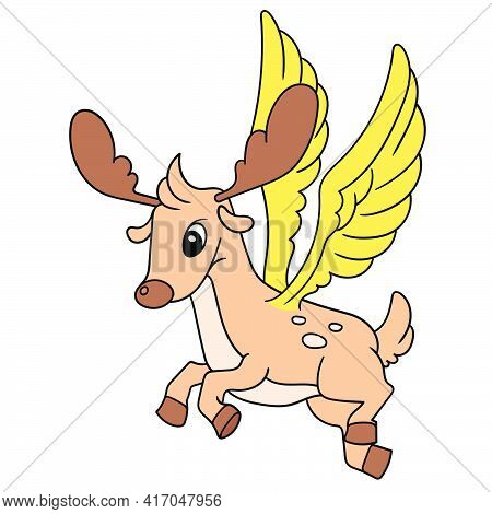 The Winged Deer Of A Fantasy Animal Flew Around The Sky, Doodle Draw Kawaii. Vector Illustration Art