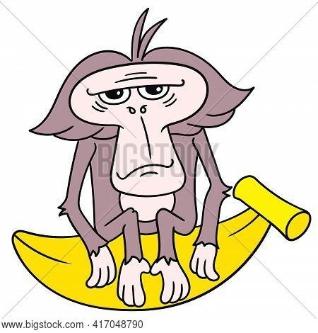 An Innocent Faced Old Monkey Sitting Gloomily On A Large Banana. Vector Illustration Art, Doodle Ico