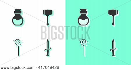 Set Dagger, Poison In Bottle, Magic Staff And Hammer Icon. Vector