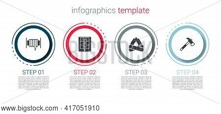 Set Fire Hose Reel, Evacuation Plan, Campfire And Firefighter Axe. Business Infographic Template. Ve