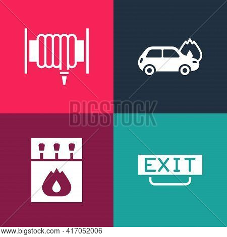 Set Pop Art Fire Exit, Matchbox And Matches, Burning Car And Hose Reel Icon. Vector