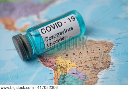 Bangkok, Thailand - March 1, 2021, Coronavirus Covid-19 Vaccine On Brazil Map, Development Medical F