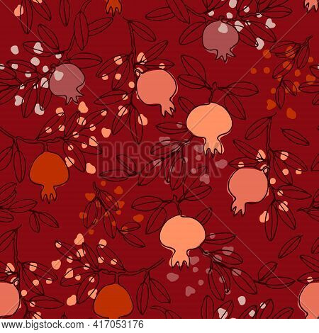 Seamless Pattern In Boho Style. Pomegranate Tree Branches With Fruit. Vector Illustration On Wine-re