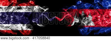 Thailand, Thai Vs Cambodia, Cambodian, Khmer Smoky Mystic Flags Placed Side By Side. Thick Colored S