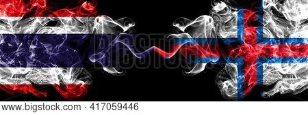 Thailand, Thai Vs Faroe Islands, Faroese Smoky Mystic Flags Placed Side By Side. Thick Colored Silky