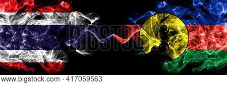 Thailand, Thai Vs France, French, Flnks Smoky Mystic Flags Placed Side By Side. Thick Colored Silky 