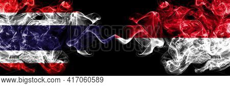 Thailand, Thai Vs Monaco, Monacan Smoky Mystic Flags Placed Side By Side. Thick Colored Silky Abstra