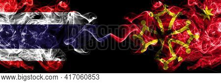 Thailand, Thai Vs Occitania Smoky Mystic Flags Placed Side By Side. Thick Colored Silky Abstract Smo