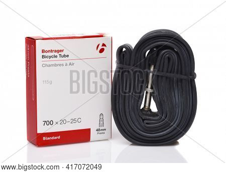 IRVINE, CALIFORNIA - 28 SEPT 2019: A Bontrager bicycle inner tube with presta valve. 