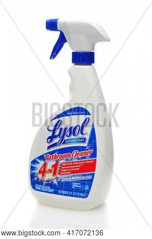 IRVINE, CA, JAN 31, 2011: Single 32oz pump bottle of Lysol Bathroom Cleaner on a white background.
