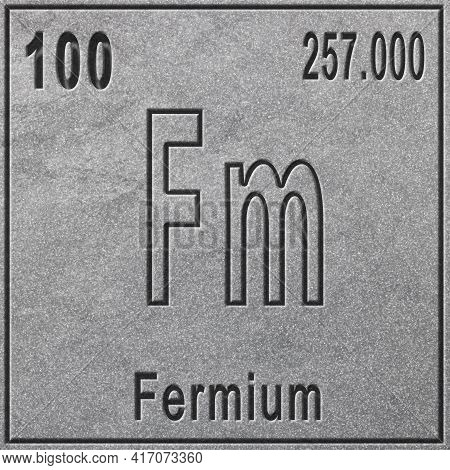 Fermium Chemical Element, Sign With Atomic Number And Atomic Weight, Periodic Table Element, Silver 