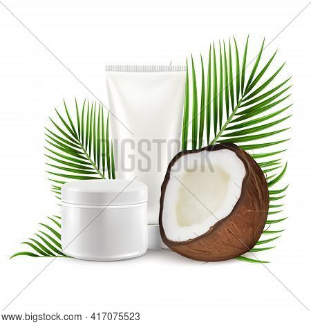 Coconut Cosmetics, Vector Illustration. Realistic Coco With Mockup Cream Tube, Palm Tree Leaves.