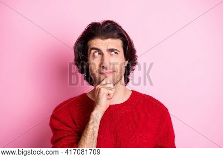 Close-up Portrait Of Nice Doubtful Discontent Guy Overthinking Creating Solution Isolated Over Pink 