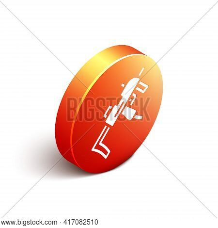 Isometric Mp9 Submachine Gun Icon Isolated On White Background. Automatic Weapon. Orange Circle Butt