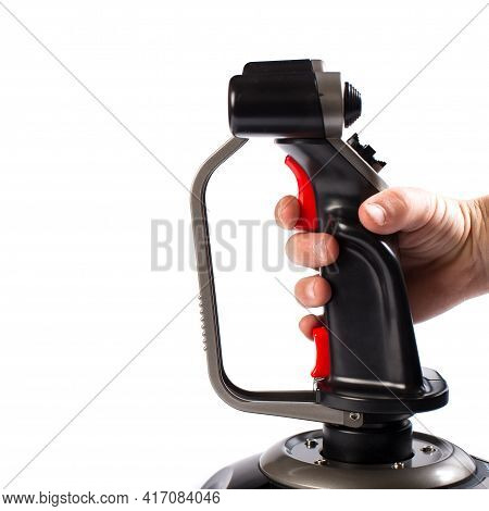Child Hand Holding Joystick Aircraft Conrol Isolated On A White. Child Hand On Trigger Of Joystick.