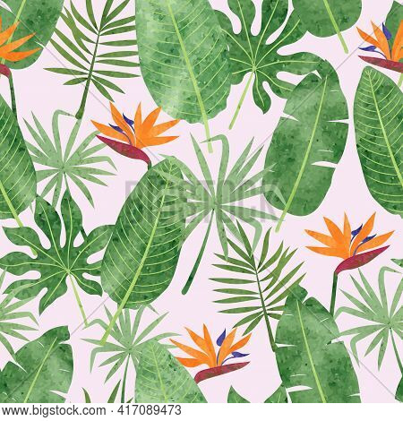 Seamless Tropic Pattern With Strelitzia Flowers And Leaves. Vector Tropical Background