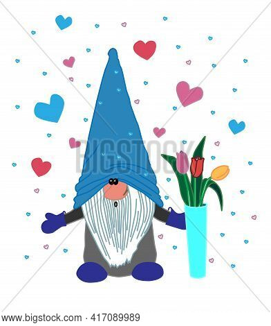 A Cute Loving Gnome In A Blue Cap Gives A Bouquet Of Flowers.  Vector Illustration. A Funny Fairy-ta