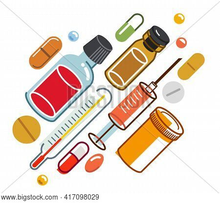 Pharmacy Drugs Apothecary Bottles And Pills And Ampules, Big Composition Set Of Medicaments Vector F
