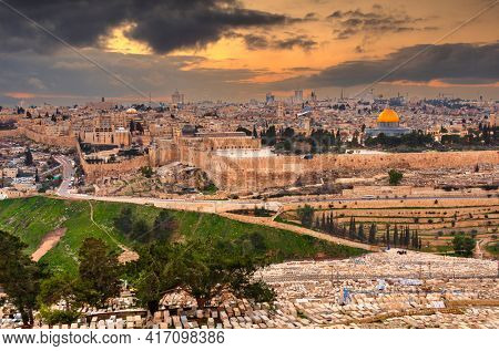 Jerusalem, Israel old city skyline at dusk from Mount of Olives.