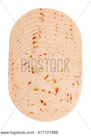 Cold Cut Vegetarian Savory Sausage, Sliced And  Placed On Top Of Each Other. Thin Slices Of Spicy Ex