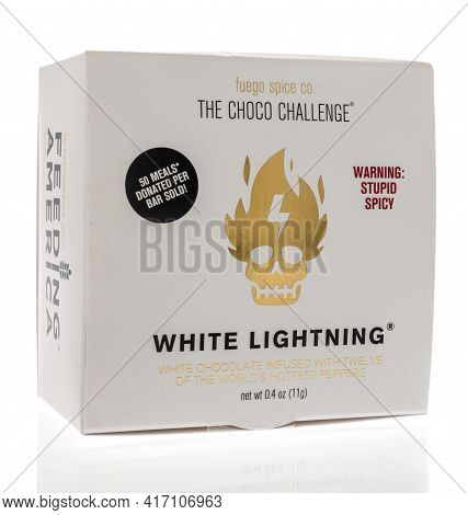 Winneconne, Wi - 15 April 2021:  A Package Of The Choco Challenge White Lightning Stupid Spicy Choco