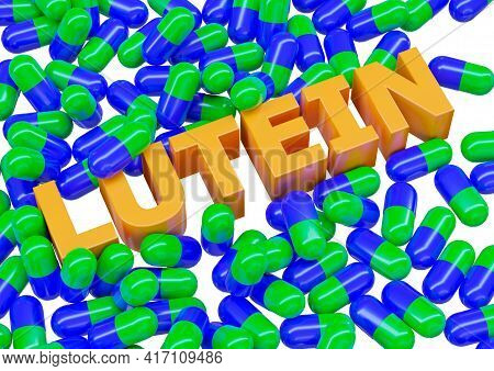 Lutein, Dietary Supplement In Capsules Isolated On White Background. 3d Illustration