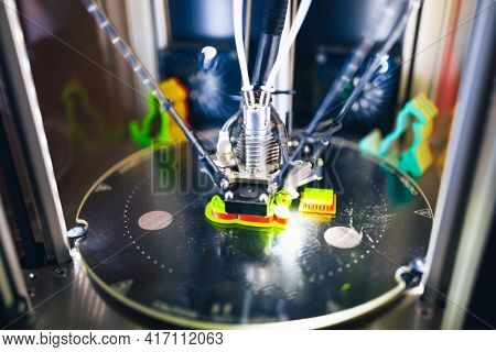 3d printer head in action, close-up view