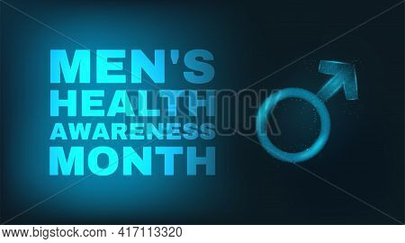 Mens Health Awareness Month Concept. Banner Template With Glowing Low Poly Blue Ribbon