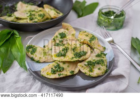 Pierogi Ruskie, Baked Dumplings Stuffed With Curd Cheese And Potatoes And Wild Garlic